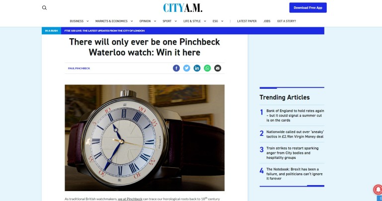 My Waterloo Watch Design is Published in ‘City AM’ – The Business Publication for London UK.